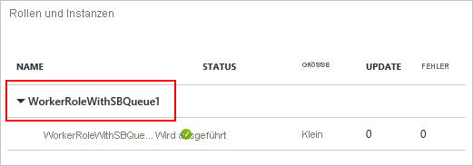 Screenshot der Kachel „Rollen und Instanzen“ mit der rot umrandeten Option „WorkerRoleWithSBQueue1“