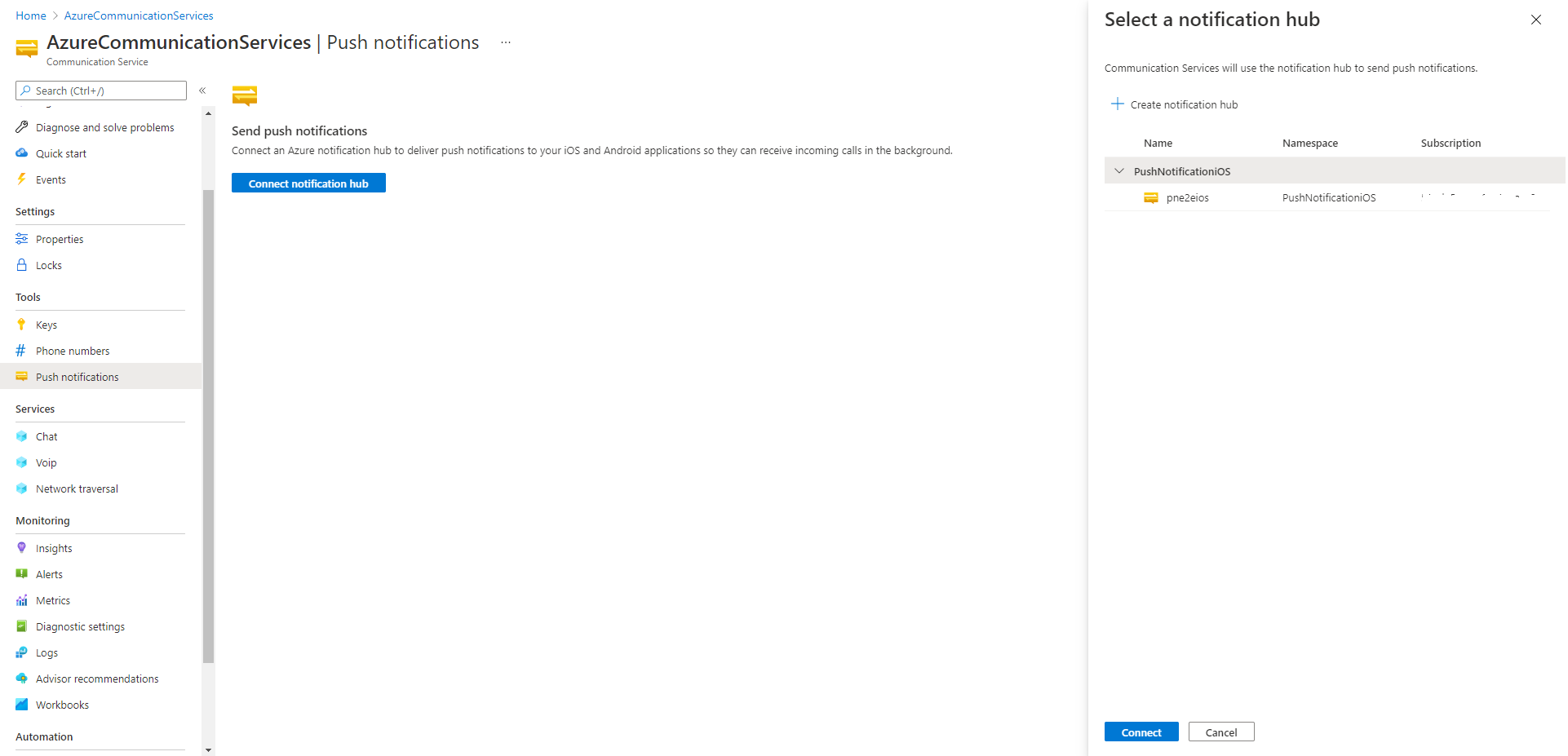 Screenshot: Einstellungen für Pushbenachrichtigungen im Azure-Portal