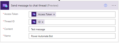 Screenshot: Aktionsdialogfeld „Nachricht an Chat-Thread senden“ des Chat-Connectors von Azure Communication Services