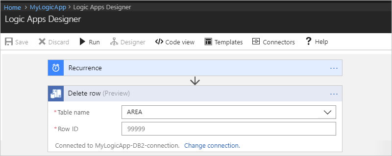 Screenshot: Logik-App-Designer mit der Aktion „Delete row (Preview)“ (Zeile löschen (Vorschau)), unter der Sie eine zu löschende Tabelle auswählen