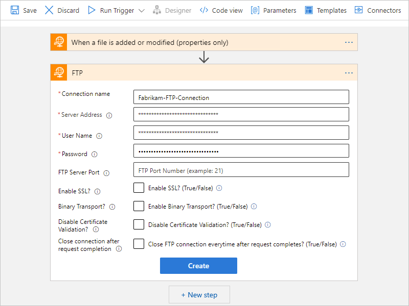 Screenshot des Designers für den Workflow im Tarif „Verbrauch“ und eines FTP-Verbindungsprofils für eine Aktion.