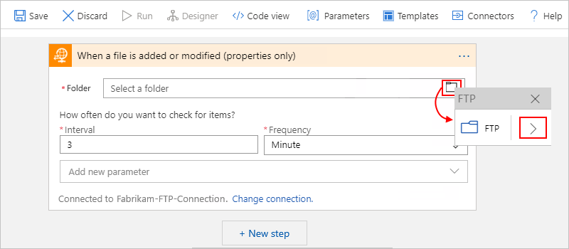 Screenshot: Designer für den Workflow im Tarif „Verbrauch“, FTP-Trigger und die Eigenschaft „Ordner“, bei der zum auszuwählenden Ordner navigiert wird.