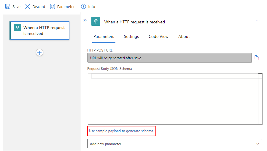 Screenshot mit Standardworkflow, Anforderungsauslöser und „Use sample payload to generate schema“ ausgewählt.