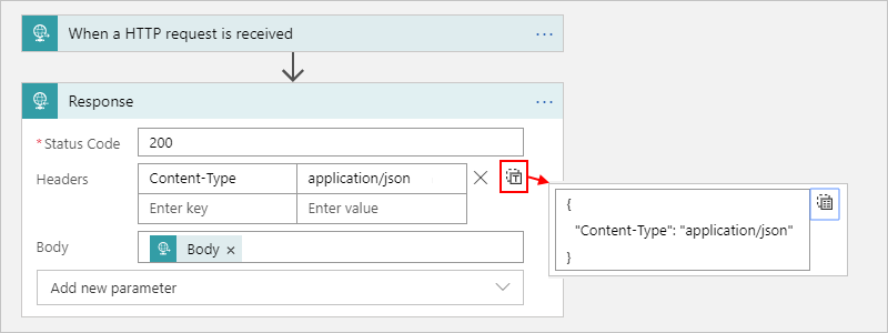 Screenshot mit Headern für das Azure-Portal, den Verbrauchsworkflow und die Antwortaktion in der Ansicht „Zu Text wechseln“.