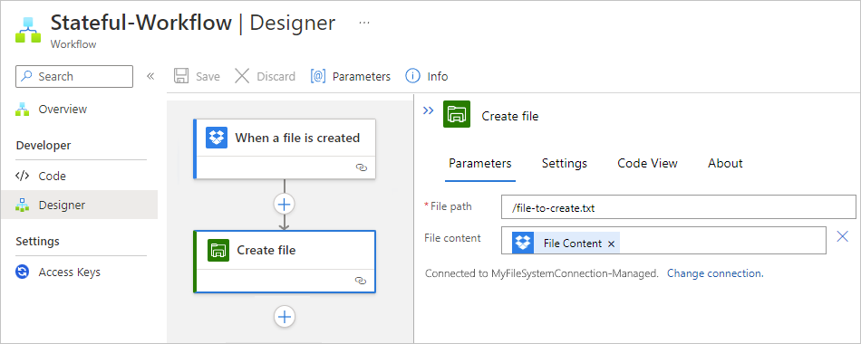 Screenshot: Standard-Workflow-Designer und die Aktion „Datei erstellen“ des verwalteten Dateisystem-Connectors.