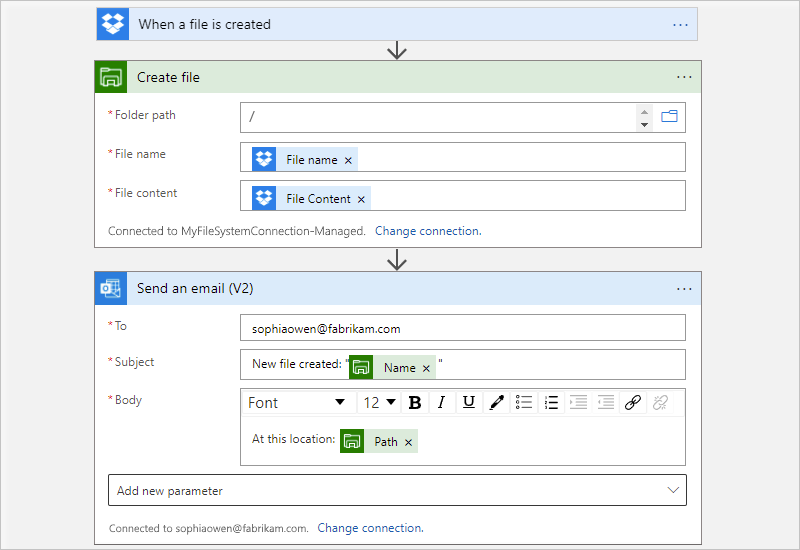 Screenshot: Workflow-Designer für den Verbrauch und die Aktionen „Datei erstellen“ und „E-Mail senden“ des verwalteten Connectors.