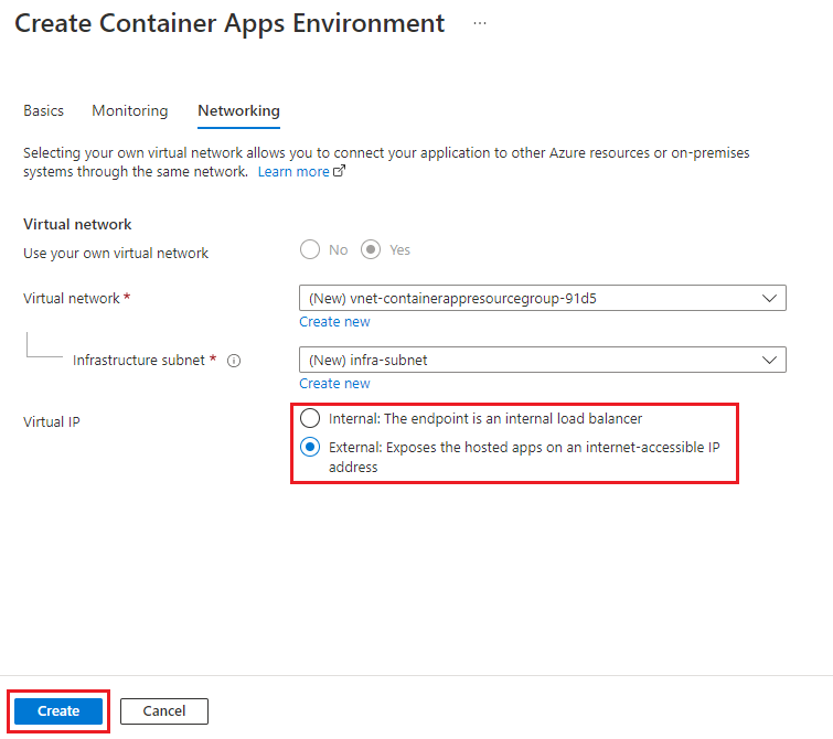 Screenshot der Registerkarte Azure Netzwerk auf der Seite Create Azure Container Apps Environment.