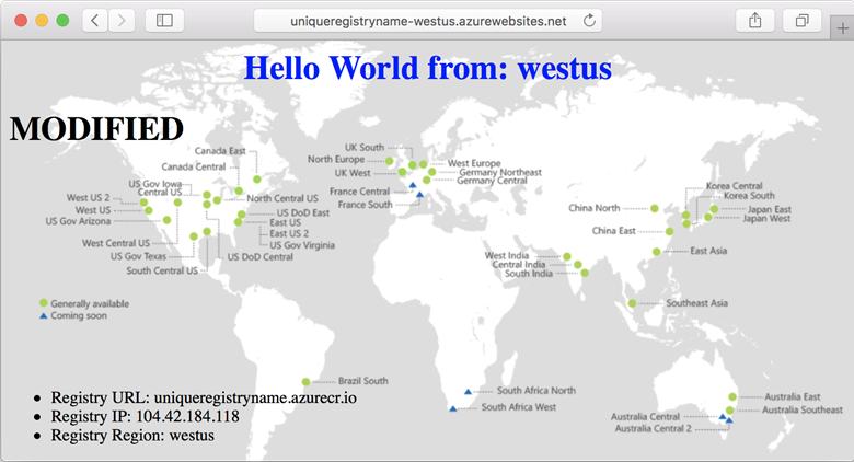 Browseransicht zur Ausführung der geänderten Web-App in der Region USA (Westen)