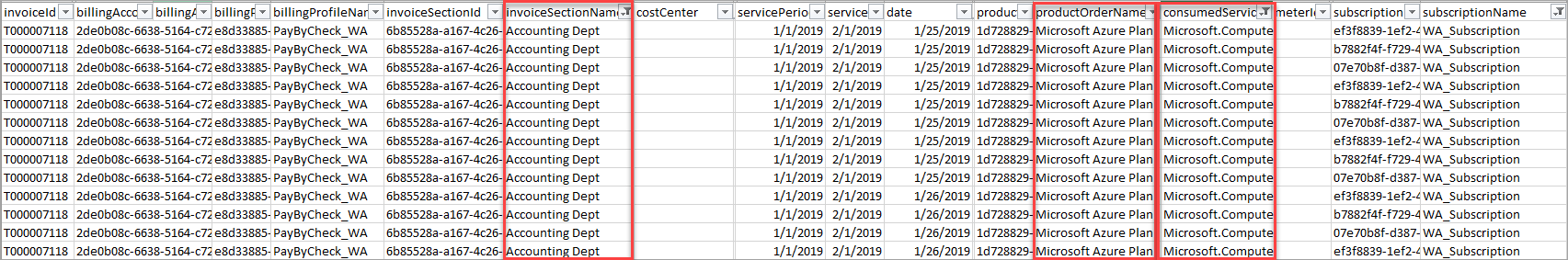 Screenshot der nach Rechnungsabschnitt gefilterten Datei mit Verbrauch und Gebühren