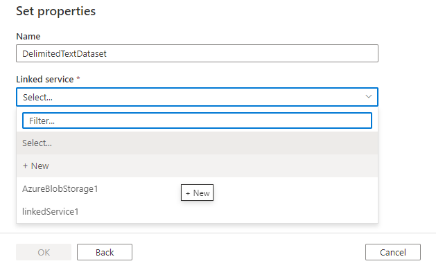 Screenshot: Fenster für das Festlegen von Eigenschaften zum Auswählen eines vorhandenen Datasets des zuvor ausgewählten Typs oder Erstellen eines neuen Datasets