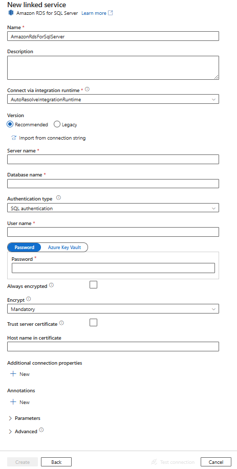 Screenshot: Konfiguration eines verknüpften Amazon RDS for SQL Server-Diensts.