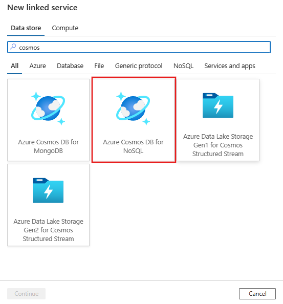 Auswählen des Azure Cosmos DB for NoSQL-Connectors.