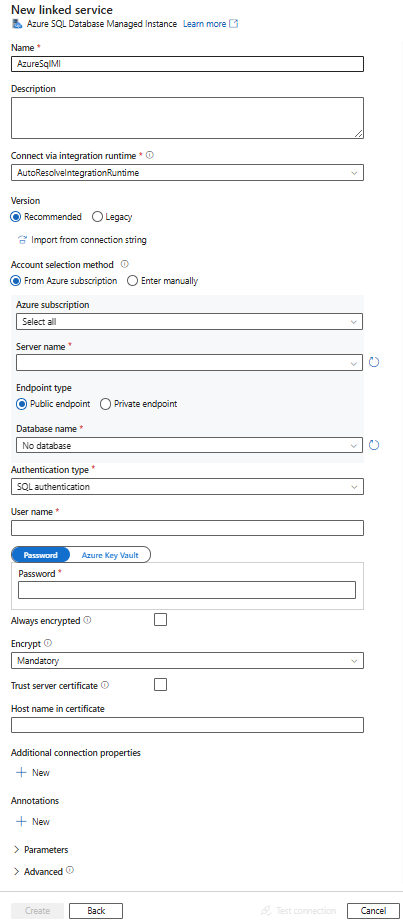 Ein Screenshot, der die Konfiguration des verknüpften Diensts für eine von SQL verwaltete Instanz zeigt.