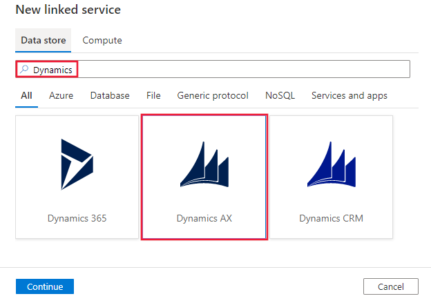 Auswählen des Dynamics AX-Connectors