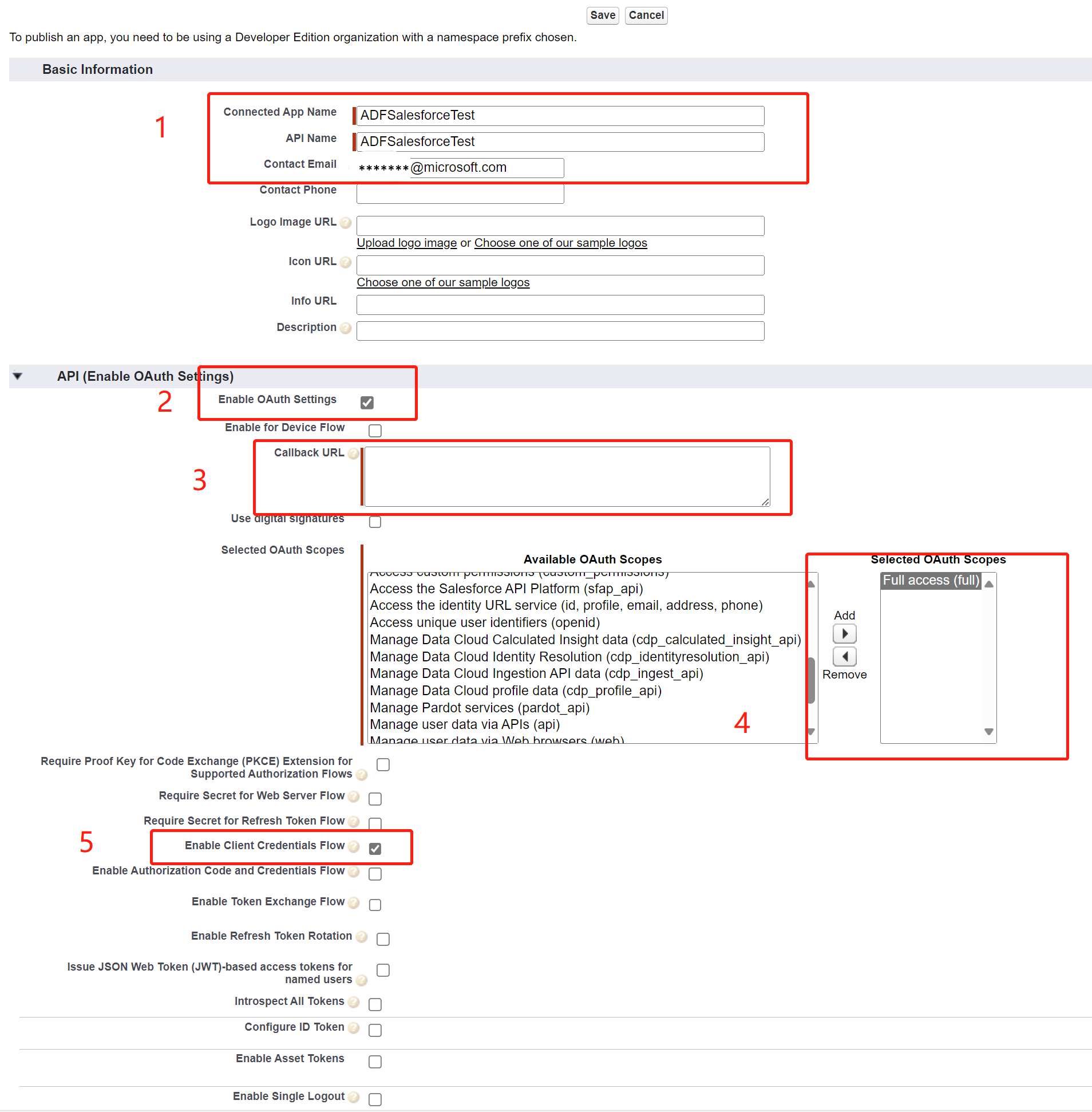 Screenshot der Konfiguration grundlegender Informationen für die Salesforce-Connector-App.