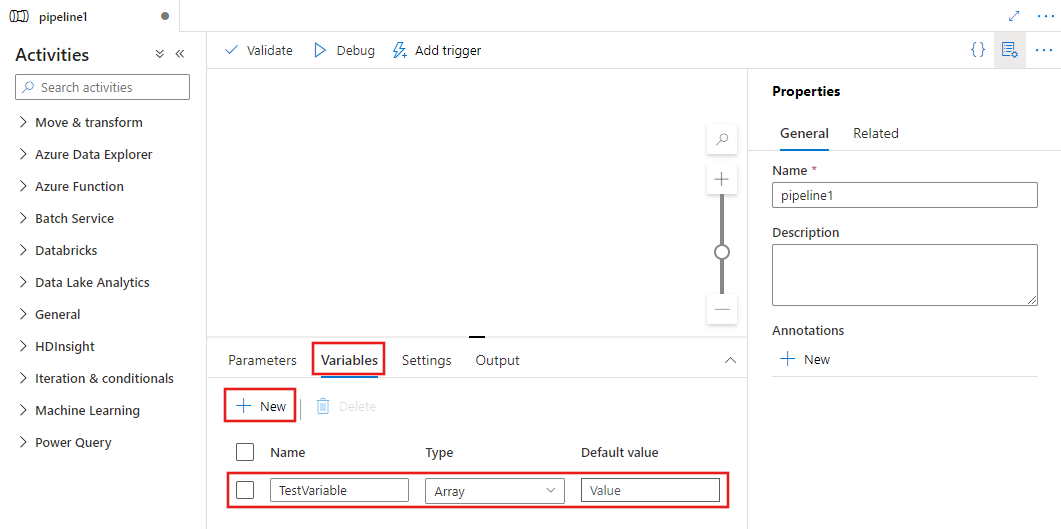 Screenshot eines leeren Pipeline-Canvas, in dem auf der Registerkarte „Variablen“ eine Variable vom Typ Array mit dem Namen „TestVariable“ ausgewählt ist.