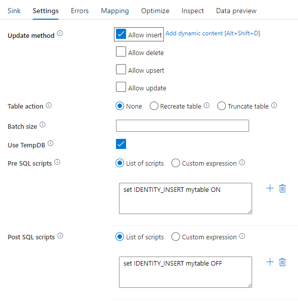 Screenshot: Senkeneinstellung mit Prä- und Post-SQL-Verarbeitungsskripten.