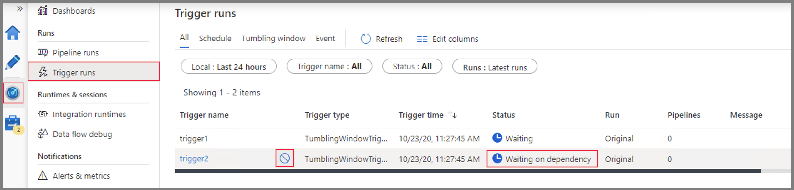 Screenshot, der das Abbrechen eines Triggers mit rollierendem Fenster auf der Seite „Überwachung“ in Data Factory zeigt