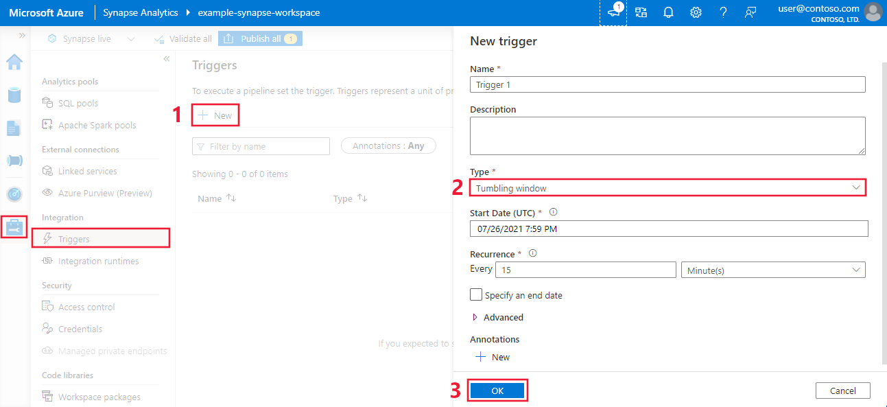 Screenshot: Erstellen eines Triggers mit rollierendem Fenster im Azure-Portal in Azure Synapse