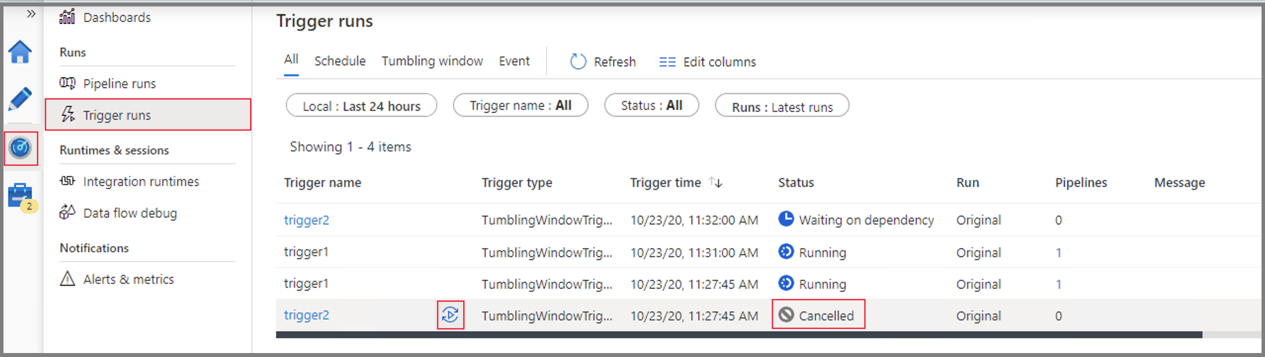 Screenshot, der das erneute Ausführen eines Triggers mit rollierendem Fenster für zuvor abgebrochene Ausführungen in Data Factory zeigt