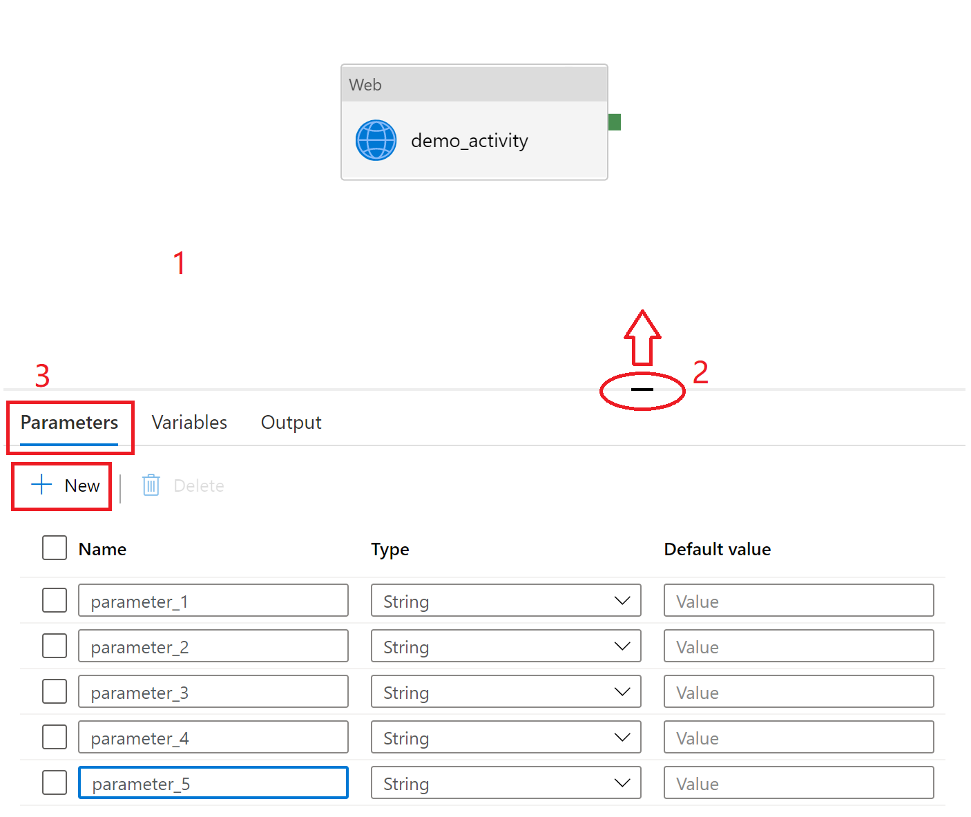 Screenshot einer Pipelineeinstellung, der zeigt, wie Parameter in einer Pipeline definiert werden.