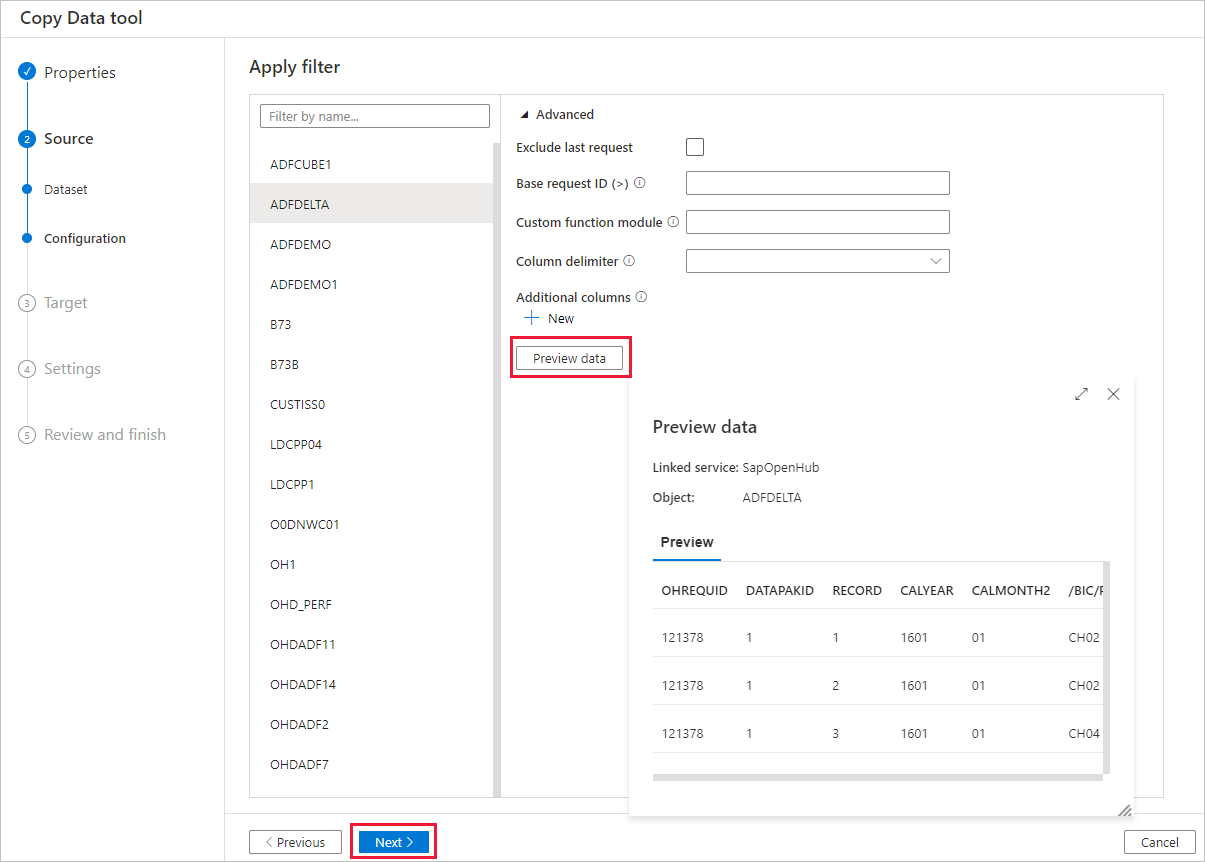 Konfigurieren des SAP BW Open Hub-Filters