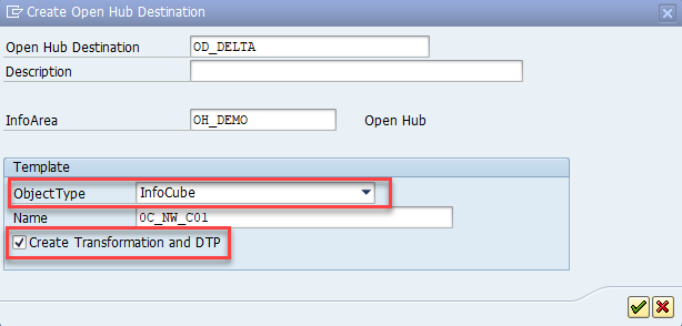 Dialogfeld zum Erstellen der SAP BW OHD-Deltaextraktion