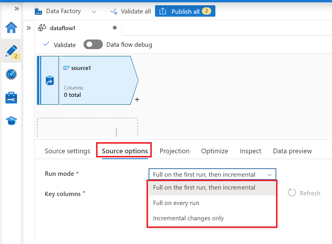 Screenshot: Eigenschaft zum Ausführungsmodus in den Quelloptionen der Zuordnungsdatenflussquelle