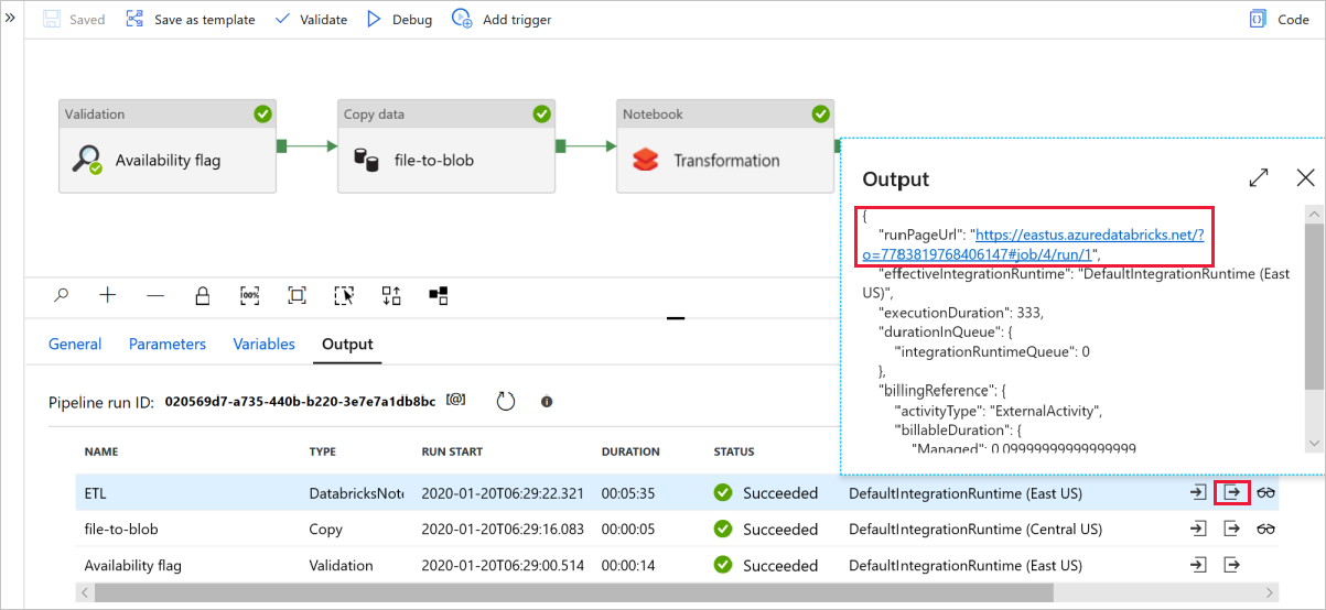 Link zu Databricks-Protokollen aus der Ausgabe