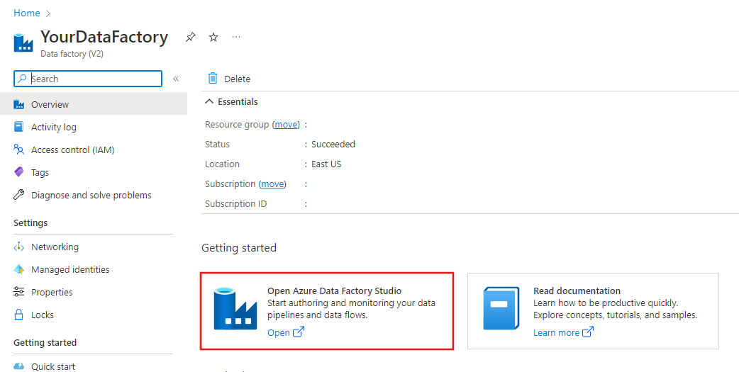 Screenshot der Startseite von Azure Data Factory