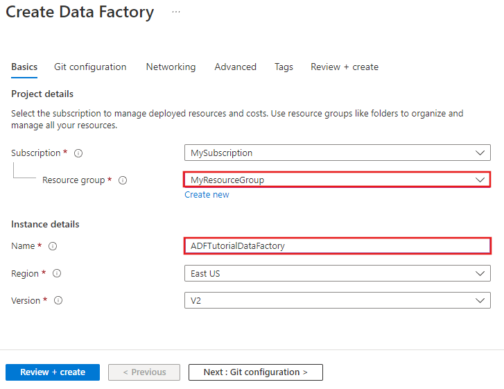 Seite „Neue Data Factory“