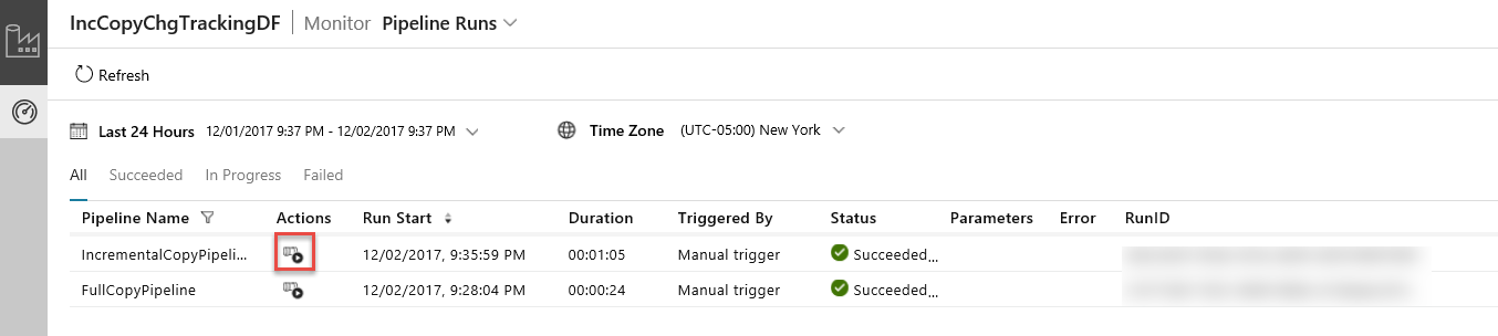 Screenshot: Pipelineausführungen für eine Data Factory einschließlich Ihrer Pipeline