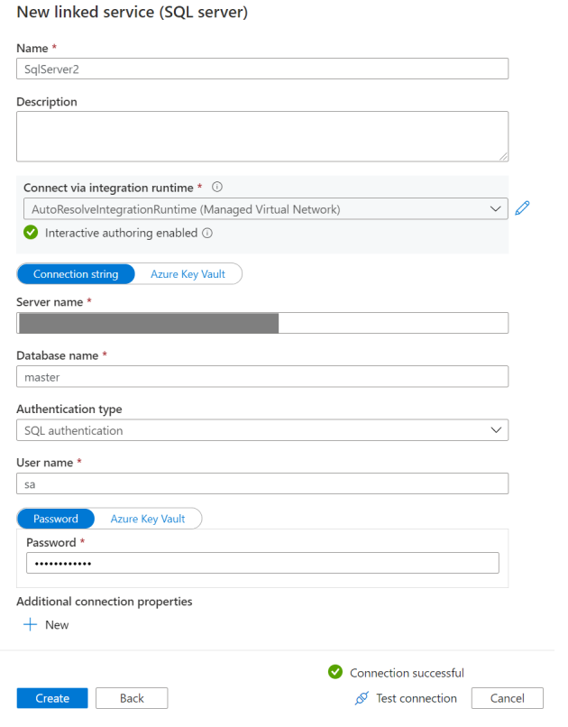 Screenshot: Seite zum Erstellen des verknüpften SQL Server-Diensts