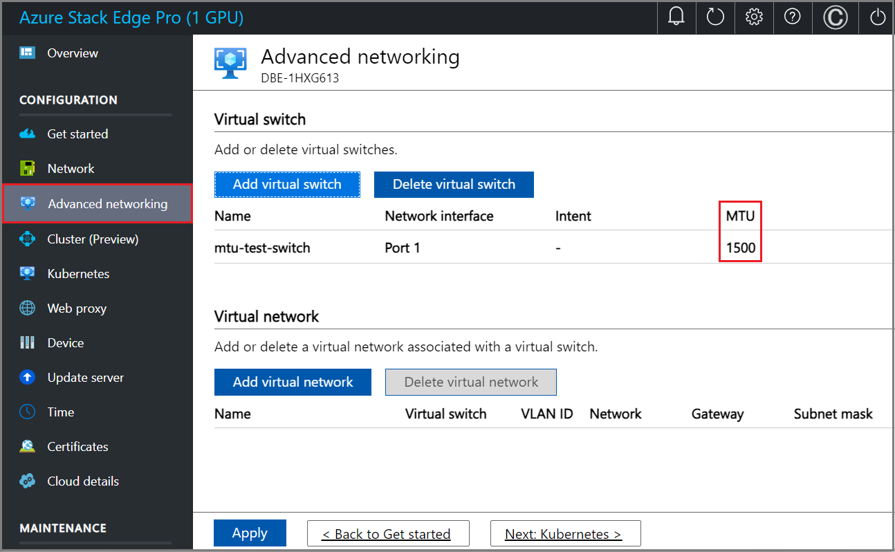 Screenshot der MTU-Einstellung unter „Erweitertes Networking“ auf der lokalen Benutzeroberfläche