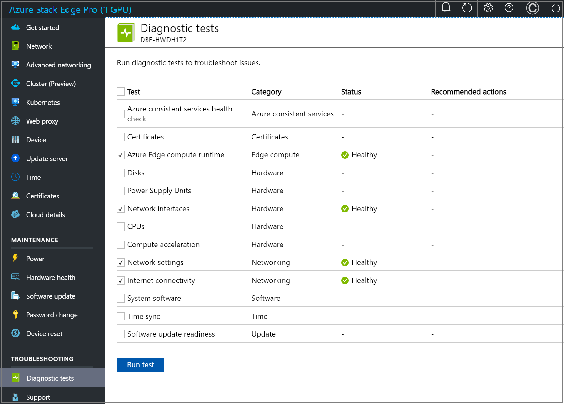 Screenshot: Seite „Diagnosetestergebnisse“ auf der lokalen Webbenutzeroberfläche eines Azure Stack Edge-Geräts.