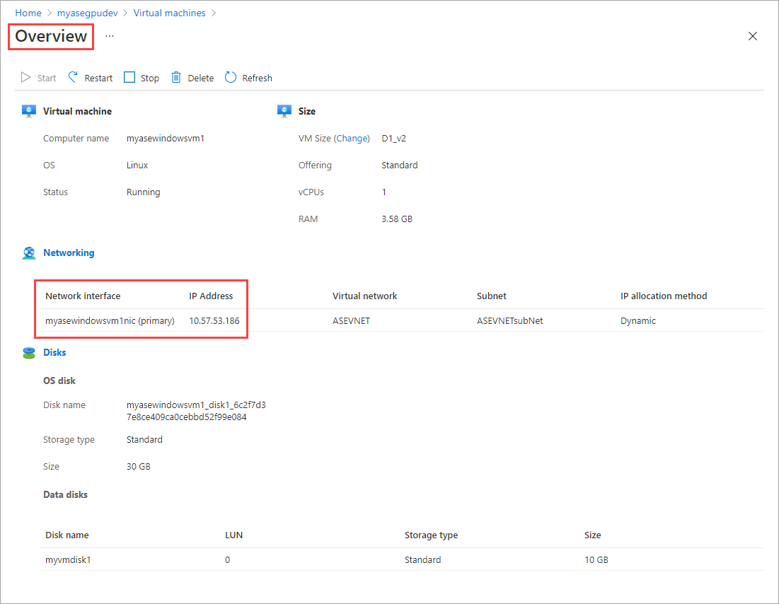 Screenshot: Registerkarte „Details“ im Bereich „Übersicht“ für einen virtuellen Computer in Azure Stack Edge. Die Bezeichnung „Übersicht“ und die IP-Adresse im Netzwerk sind hervorgehoben.