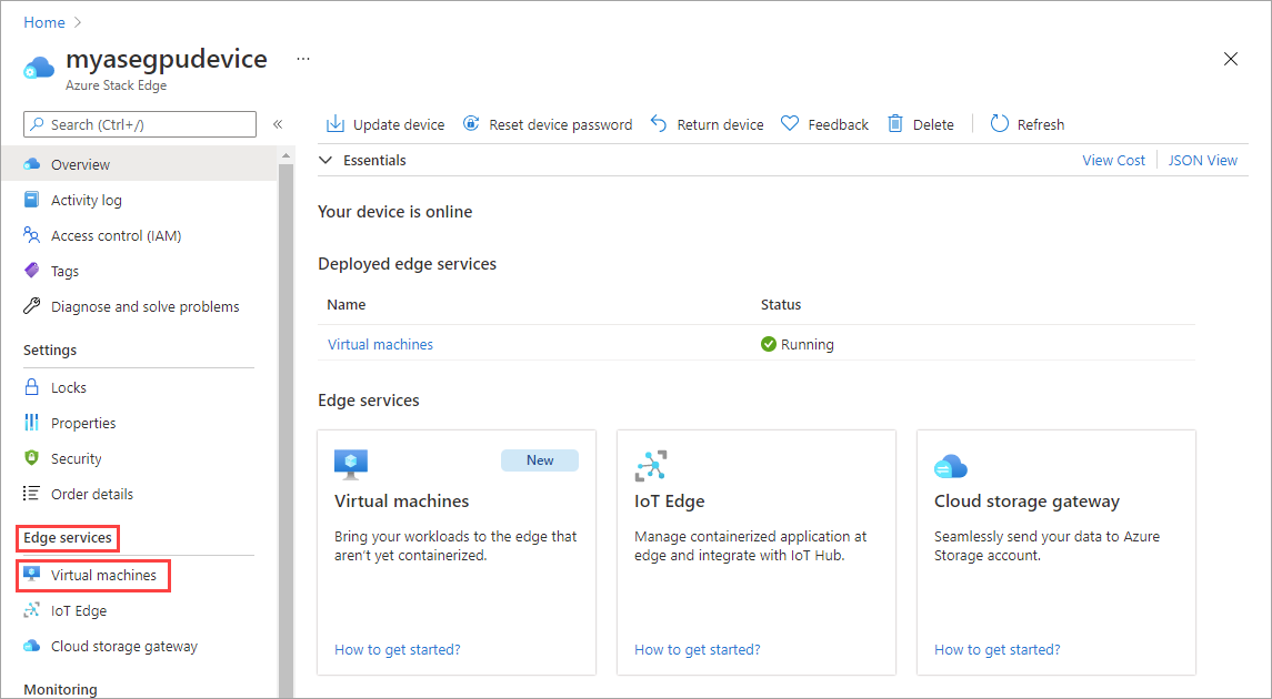 Screenshot: Bereich „Übersicht“ eines Azure Stack Edge-Geräts mit hervorgehobener Option „Virtuelle Computer“ unter „Edgedienste“