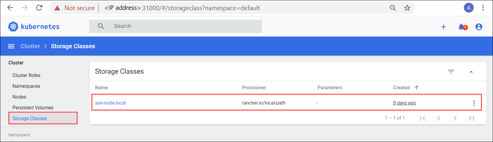 Integrierte Speicherklasse im Kubernetes-Dashboard