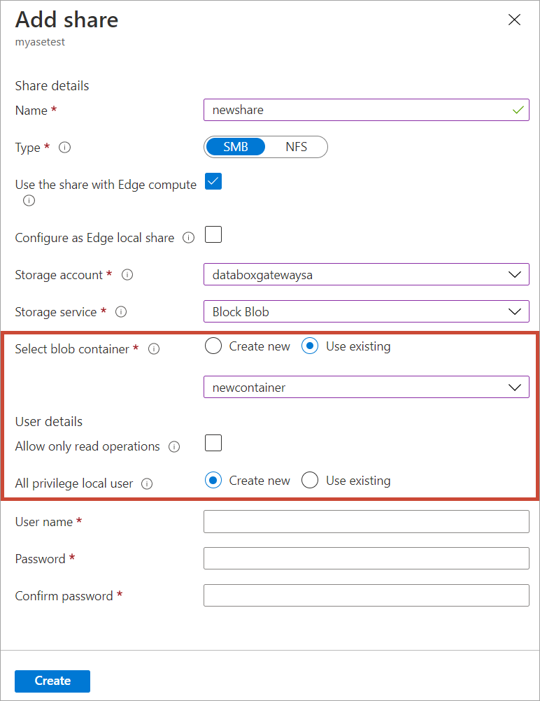 Screenshot: neue Freigabezuordnung unter Verwendung eines vorhandenen Containers für die automatisierte Synchronisierung für angeheftete Dateien