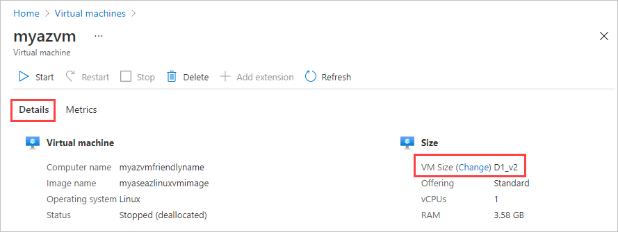 Screenshot: Registerkarte „Details“ für einen virtuellen Computer. Die Registerkarte „Details“ und die Option „VM-Größe“ sind hervorgehoben.