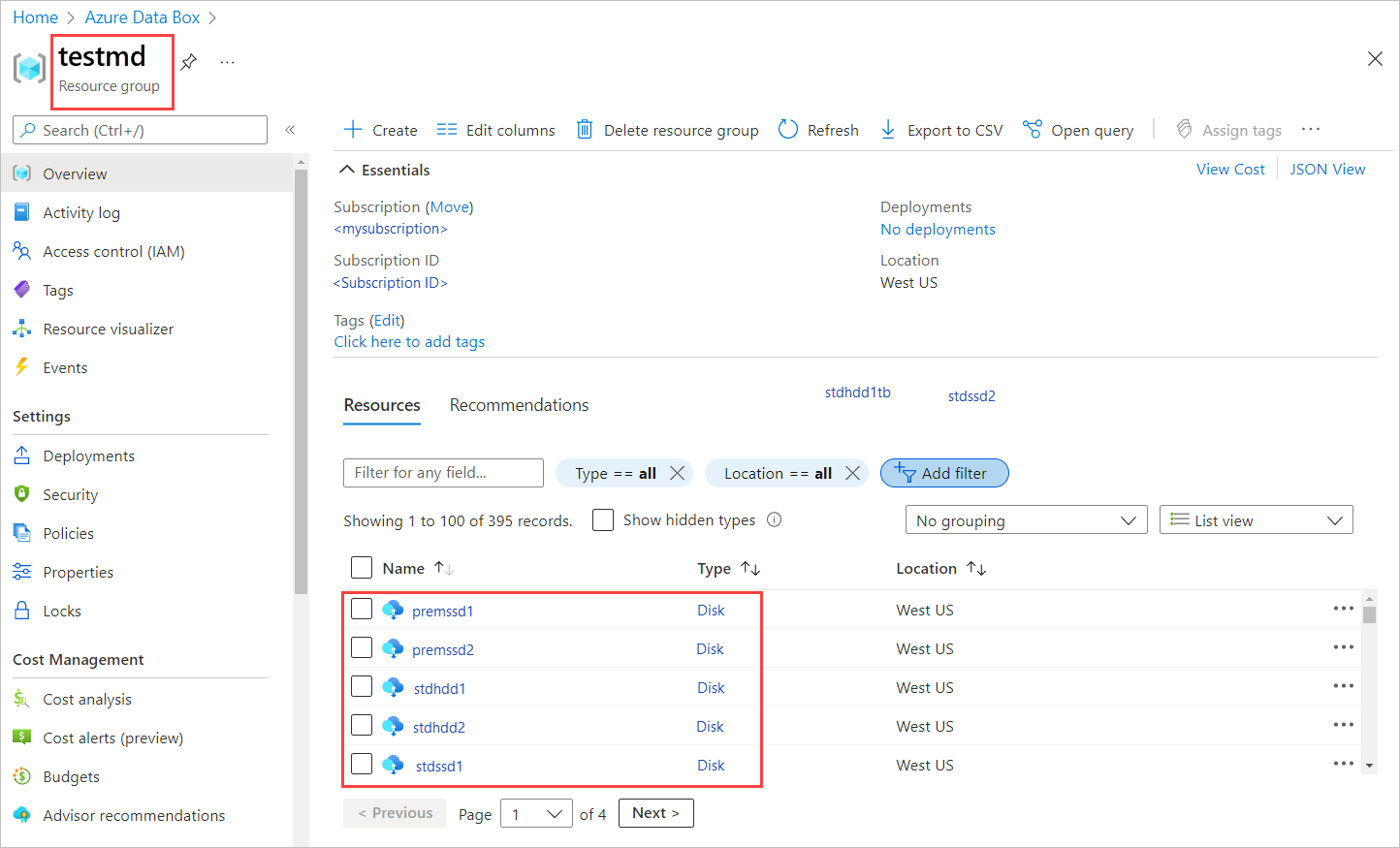 Screenshot einer Ressource „Ressourcengruppe“ für eine Data Box Disk-Bestellung. Der Ressourcengruppenname und die Datenträger in der Ressourcengruppe sind hervorgehoben.