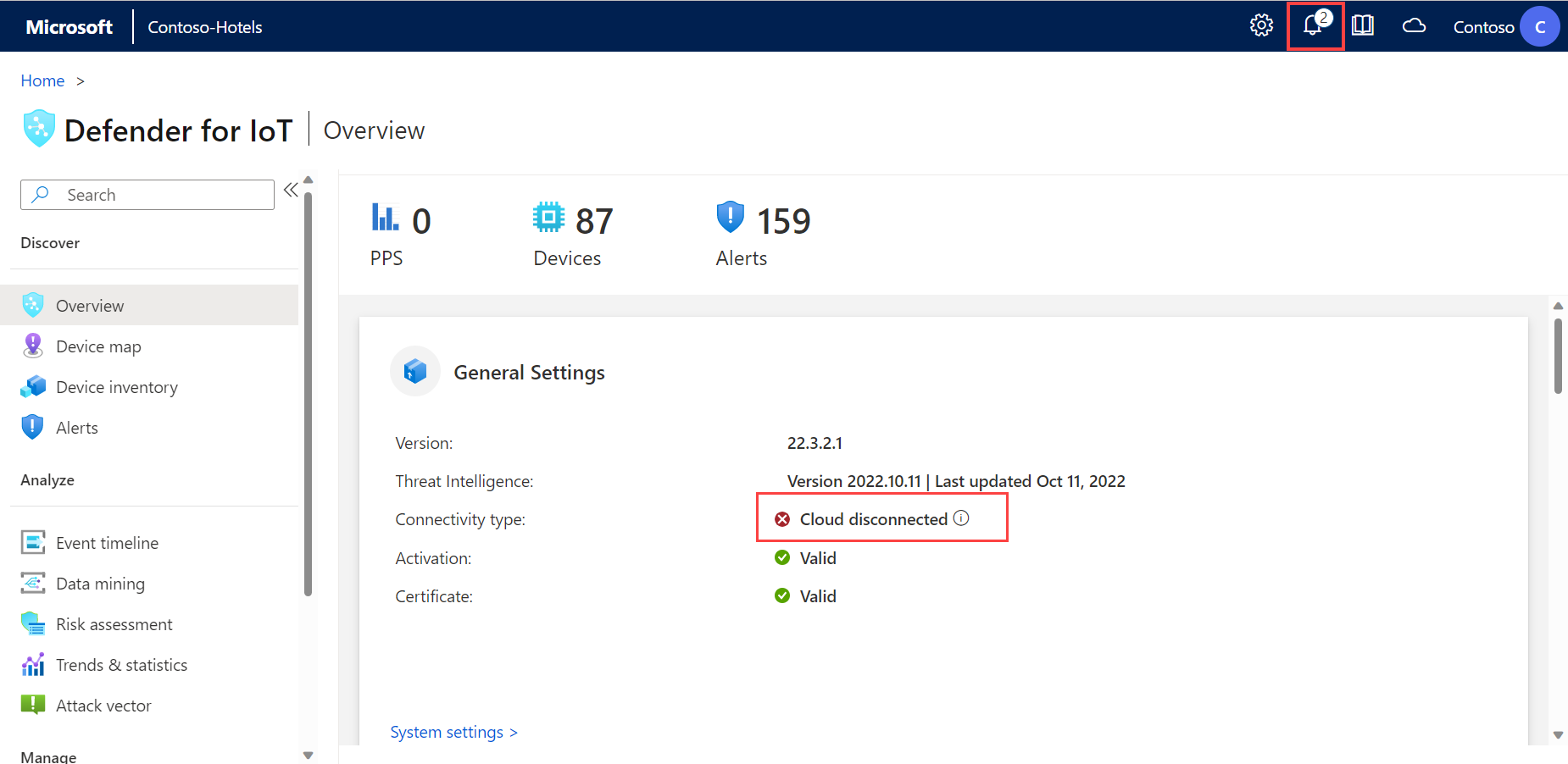 Screenshot: Azure-Konnektivitätsstatus auf der Seite „Übersicht“ des OT-Sensors