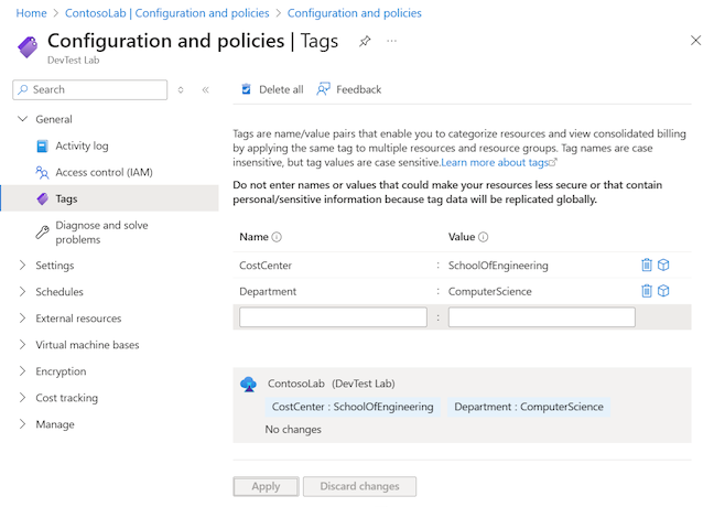 Screenshot: Für eine DevTest Labs-Ressource hinzugefügte Tags im Azure-Portal