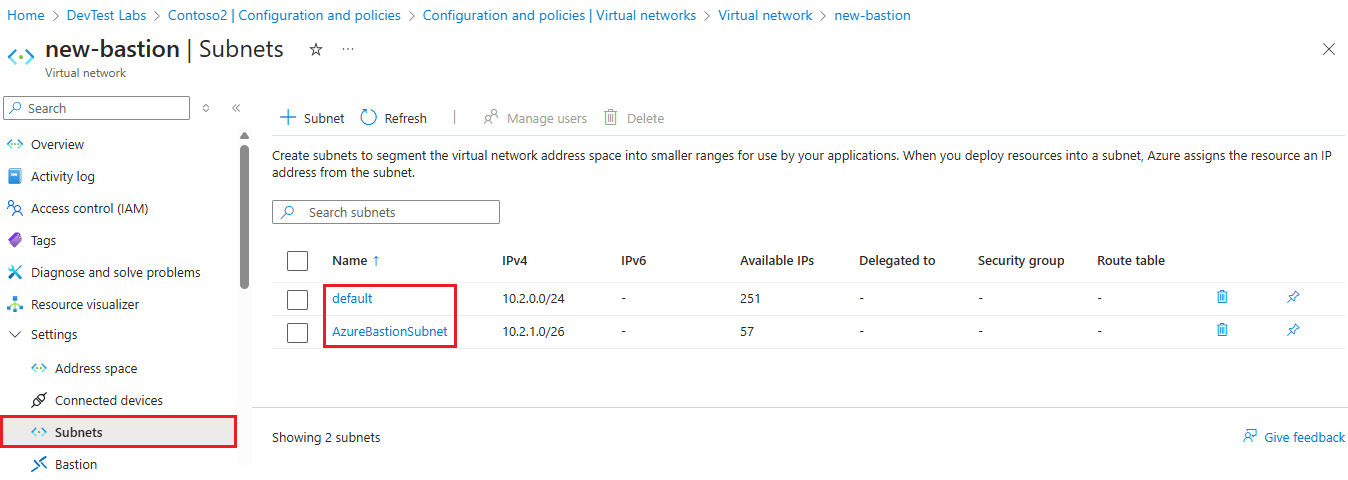 Screenshot, der zwei Subnetze im virtuellen Azure Bastion-Netzwerk zeigt.