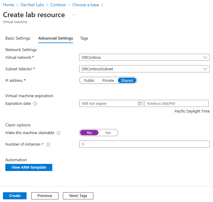 Screenshot: Registerkarte „Erweitert“ auf der Seite „Lab-Ressource erstellen“.