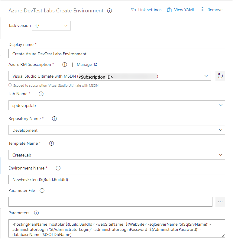 Screenshot: Aufgabe „Azure DevTest Labs-Umgebung erstellen“.