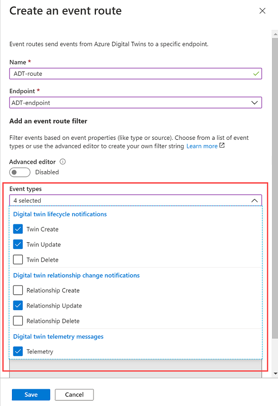 Screenshot des Erstellens einer Ereignisroute mit einem einfachen Filter im Azure-Portal, der die Kontrollkästchen für die Ereignisse hervorhebt.