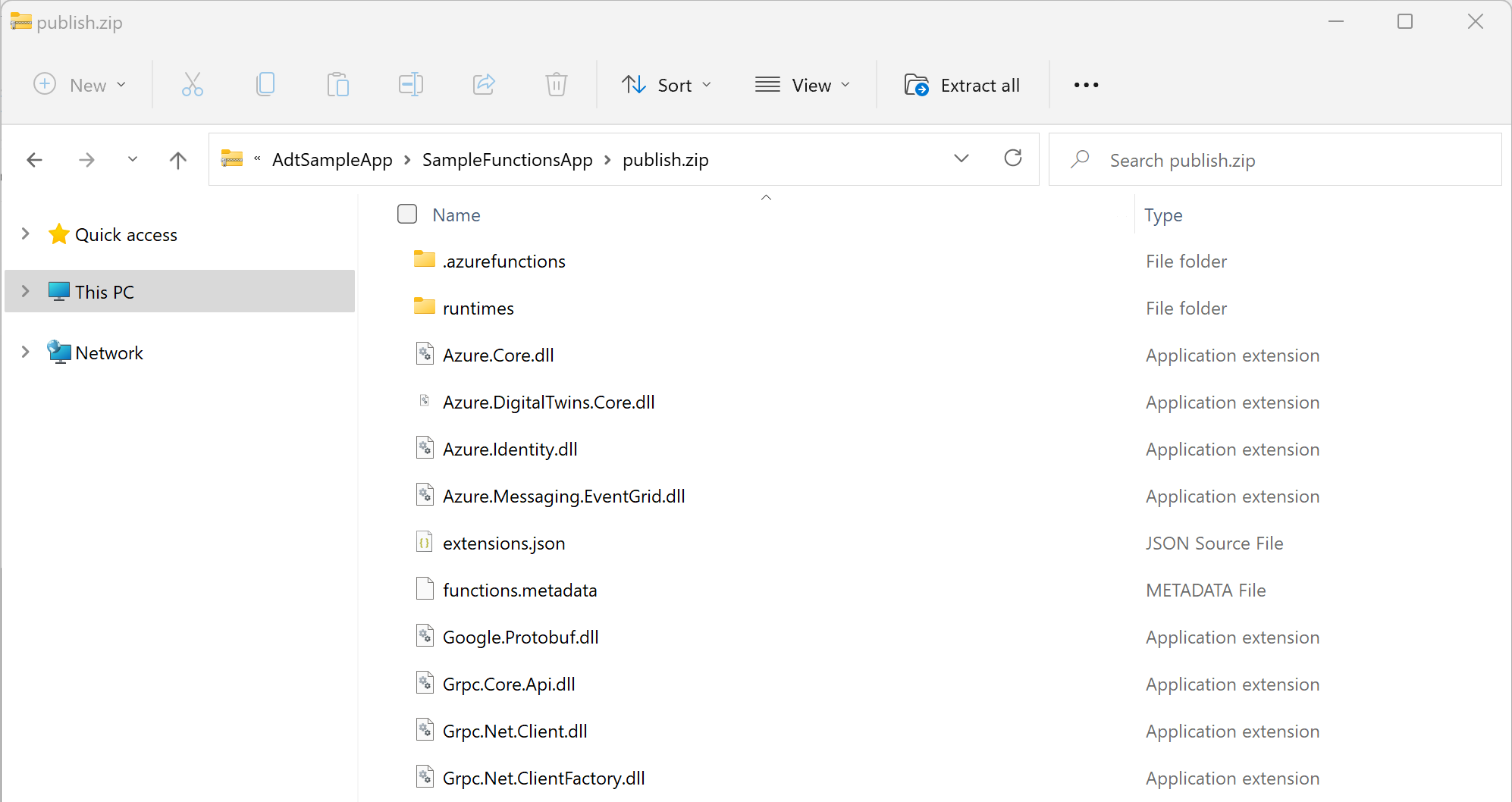 Screenshot des Datei-Explorers in Windows mit dem Inhalt des „publish.zip“-Ordners.