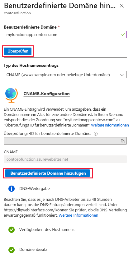 Screenshot: Seite „Benutzerdefinierte Domäne hinzufügen“ für Funktions-App