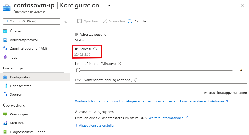 Screenshot: Konfigurationsseite für öffentliche IP-Adressen